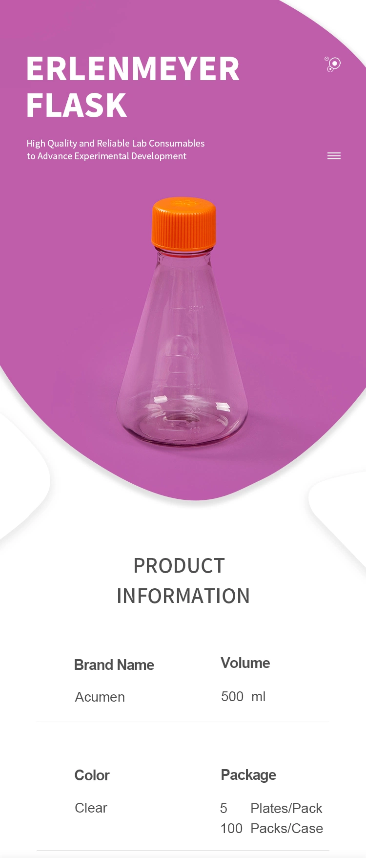 Laboratory Consumables 2.8L 5L K Glue Conical Erlenmeyer Flask for Cell Culture